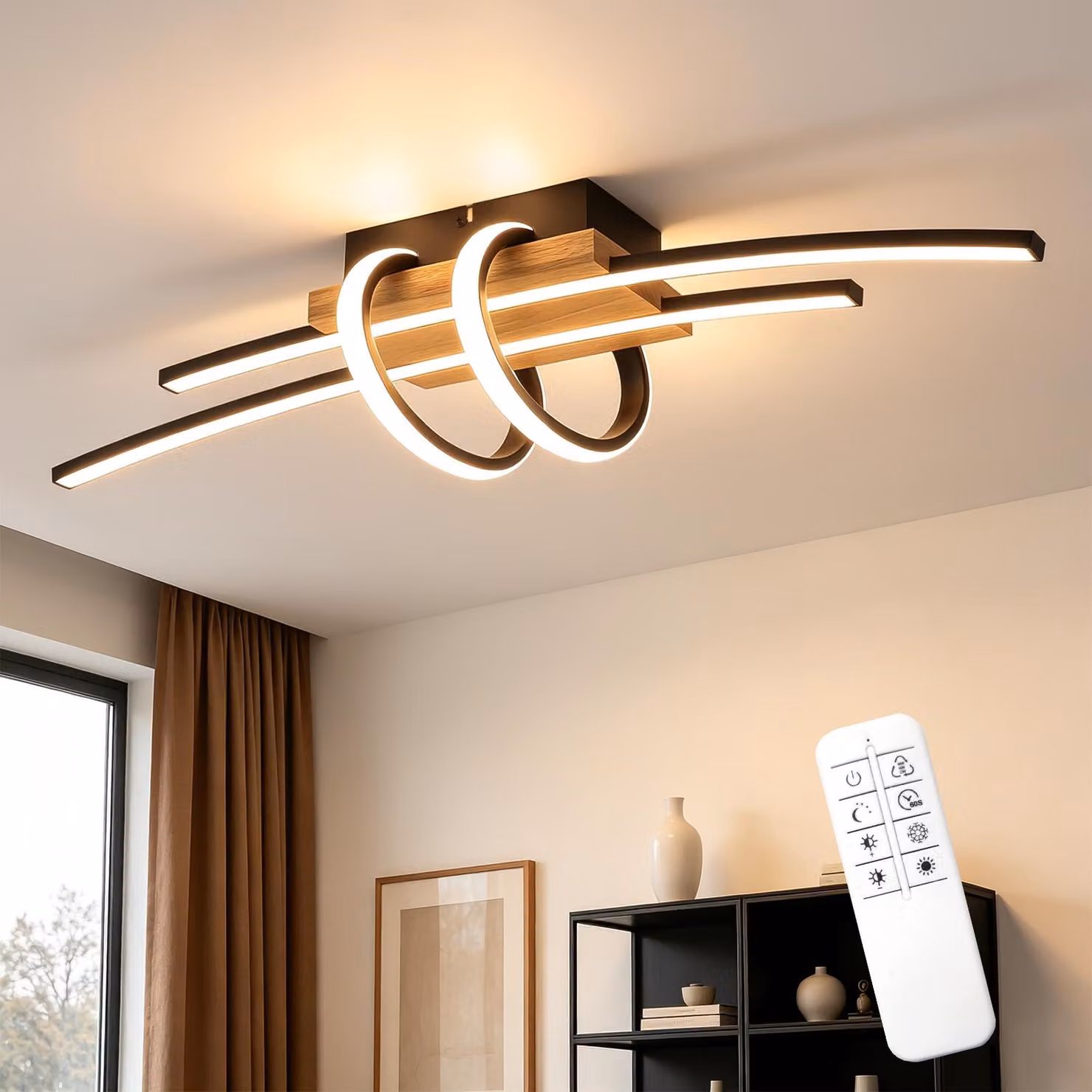 Lampada a soffitto LED, dimmerabile con telecomando, 37W, colore nero. Lampada da cucina con due anelli, design moderno, ideale per illuminare camere da letto, cucine e corridoi