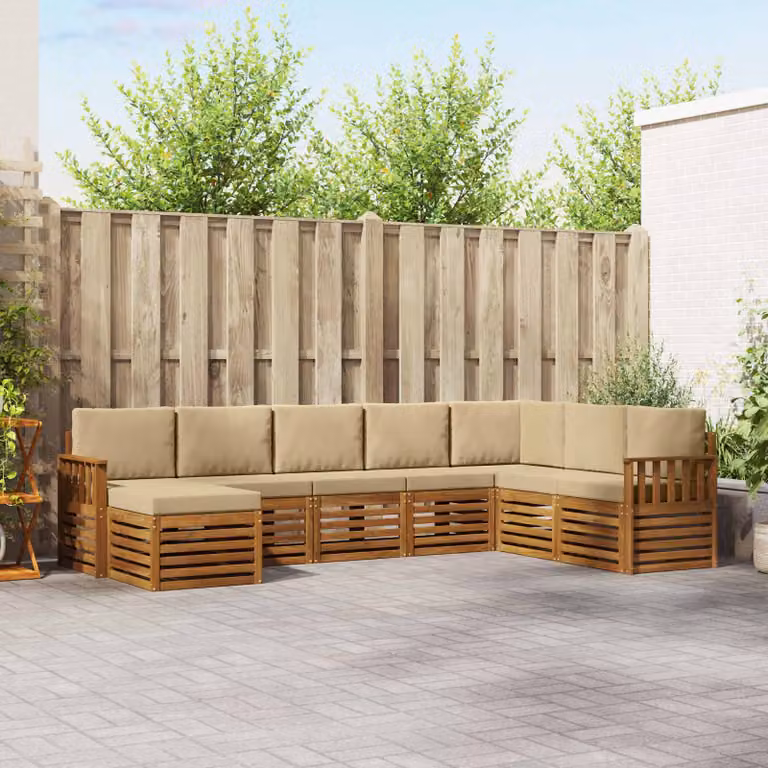 Set di divani da esterno vidaXL 8 pz in legno di acacia con cuscini, forma a L, colore beige e marrone