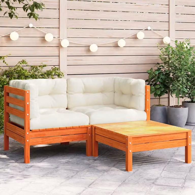 vidaXL Divano da Giardino in Legno di Pino con Cuscini e Poggiapiedi, Colore Marrone e Beige