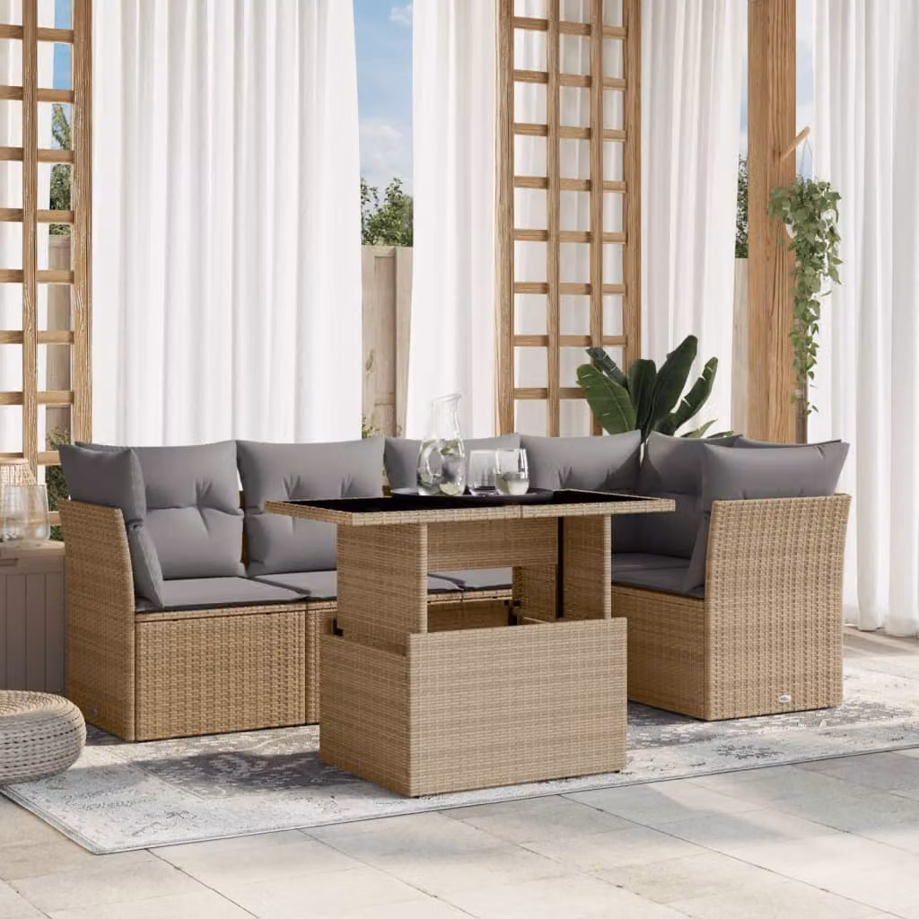 Set Divano da Giardino vidaXL 6 pz a Forma a L con Cuscini Beige e Tavolino, Struttura in Metallo e Polyrattan per Terrazza e Giardino – 1