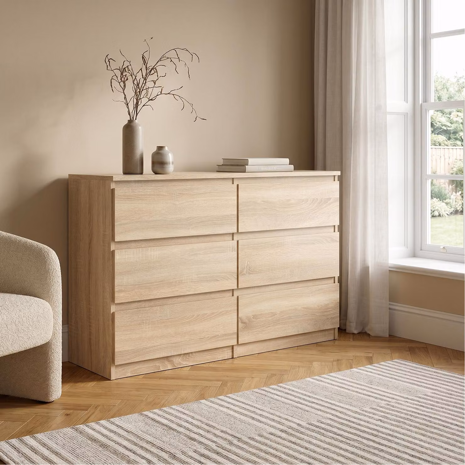 Comodà Masseno NUDO da 138,5 cm con 6 cassetti e ante, per soggiorno e camera da letto, stile moderno, 138,5x39x78,5 cm, rovere Sonoma / rovere Sonoma