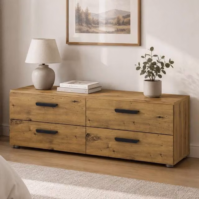 Cassettiera Gignod DMORA con 4 cassetti in colore marrone rovere, L 111 cm x P 52 cm x H 35 cm – 1