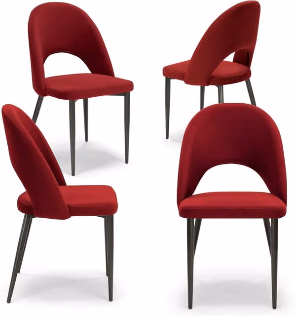 Set 4 sedie imbottite per sala da pranzo SOLE, MADE IN ITALY, design moderno, rivestimento in tessuto morbido velluto idrorepellente, colore Rosso, gambe coniche robuste in metallo