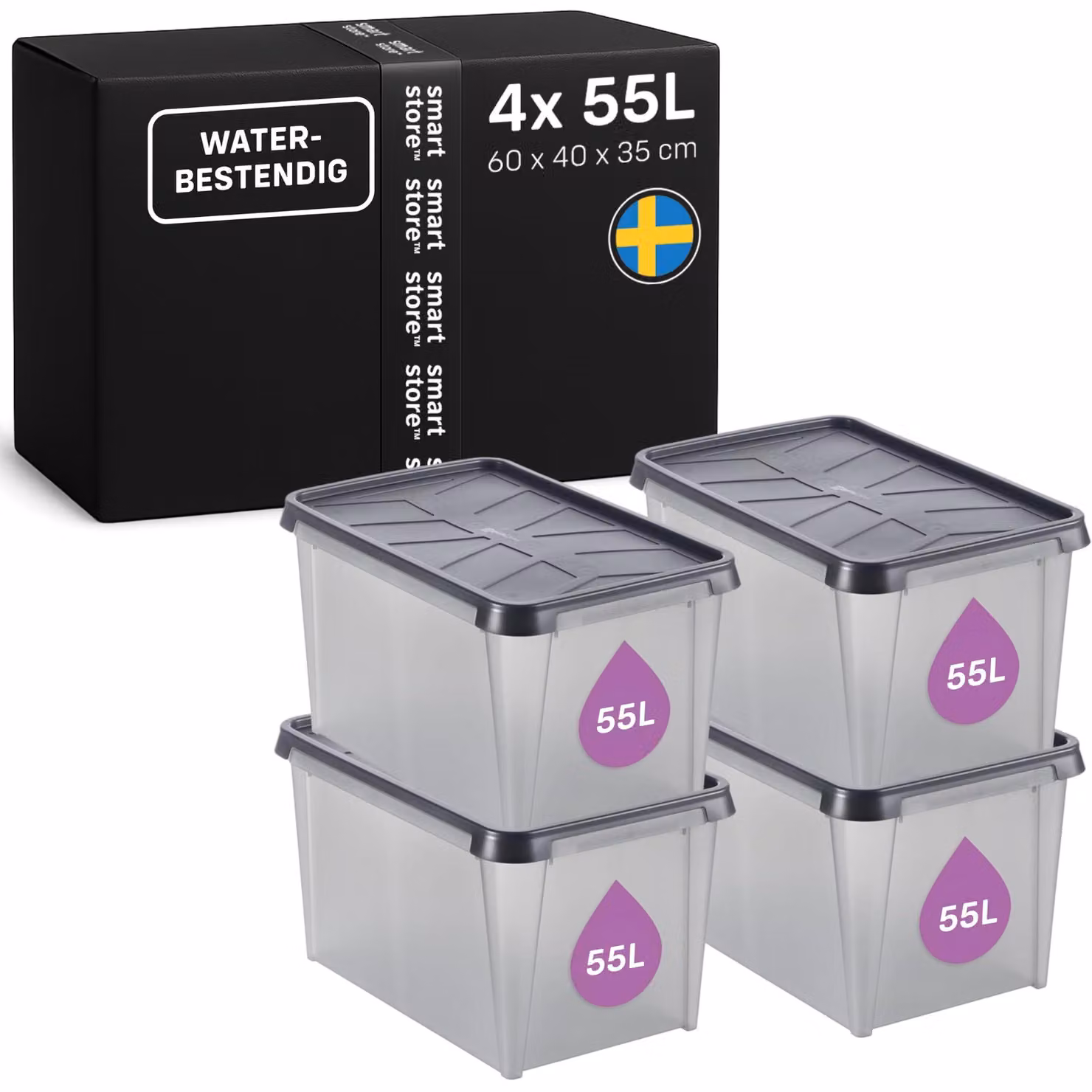 Contenitore di stoccaggio con coperchio, capacità 55 litri, set da 4