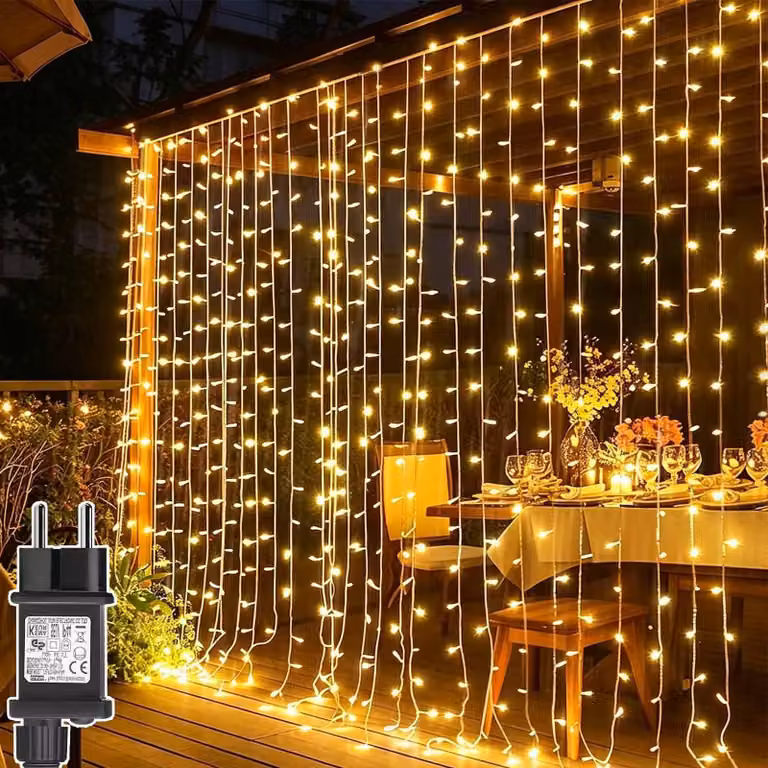 Tenda luminosa a LED, dimensioni 3x3 metri, 300 LED bianco caldo, grado di protezione IP65, con timer