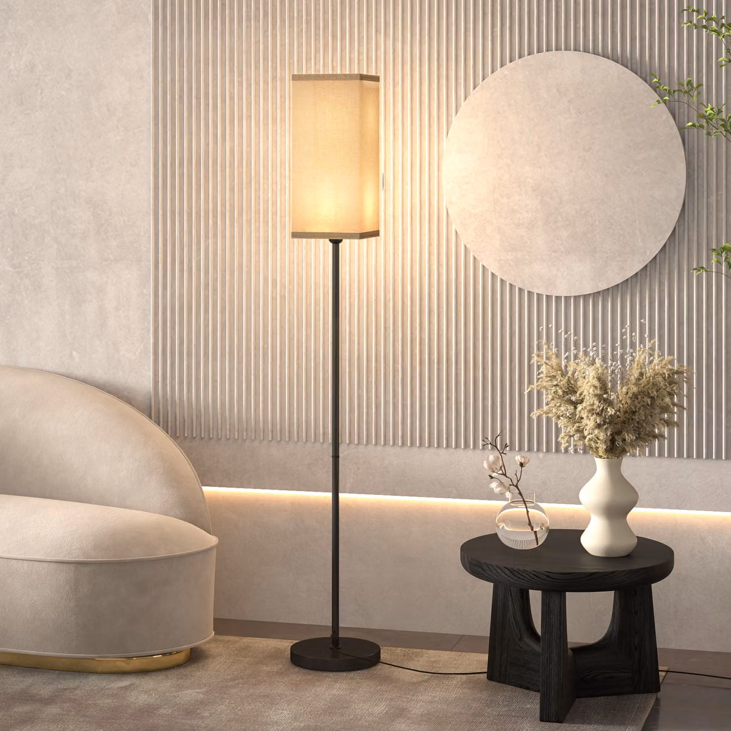 HOMCOM Lampada da terra moderna in metallo e tessuto beige e nero, H: 161.5 cm, Ø: 25 cm – 2