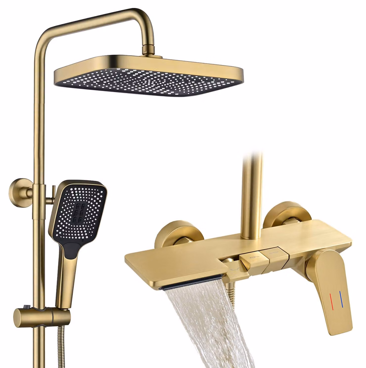 Sistema doccia 30x20 cm, soffione a pioggia, doccetta manuale con 3 getti, in ottone