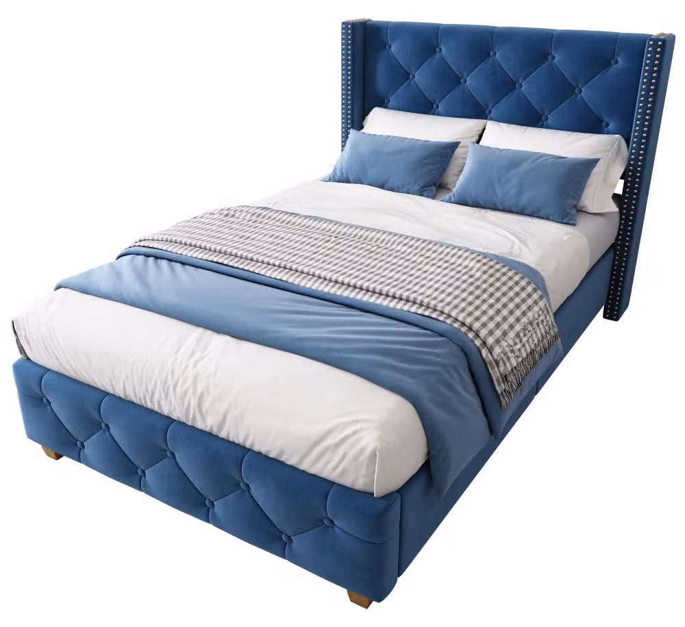 Letto imbottito - Letto singolo 90 x 200 cm - Rivestimento in velluto - Blu - Bordatura a bottoni sulla testiera - Struttura a listelli - Spazio contenitivo