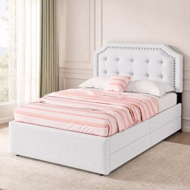 Desviae Letto singolo imbottito 90 × 200 cm con due cassetti in MDF e lino beige chiaro testiera regolabile