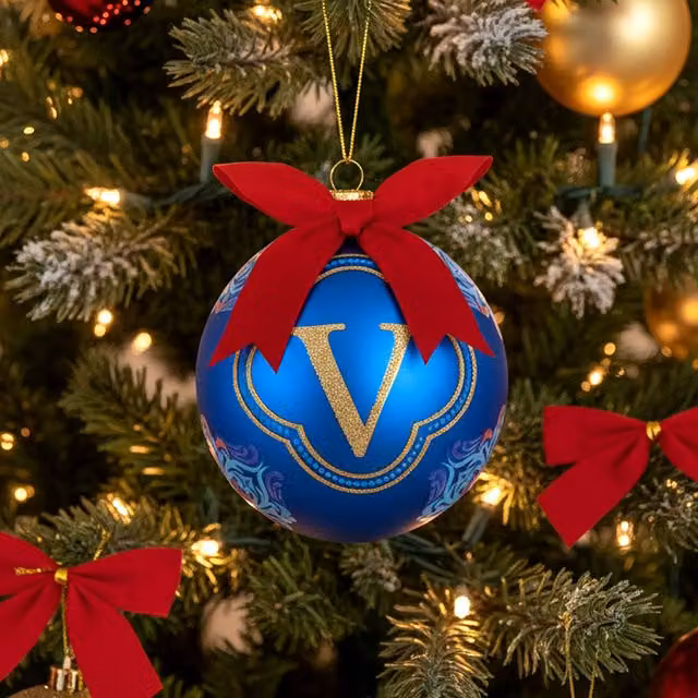 Pallina di Natale KASANOVA in vetro blu con lettera V, diametro 10 cm