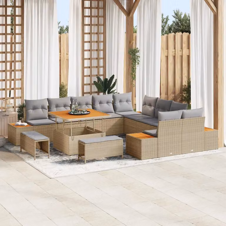 Set Divano da Giardino vidaXL 13 Pezzi Beige con Cuscini e Tavolino in Rattan e Acciaio