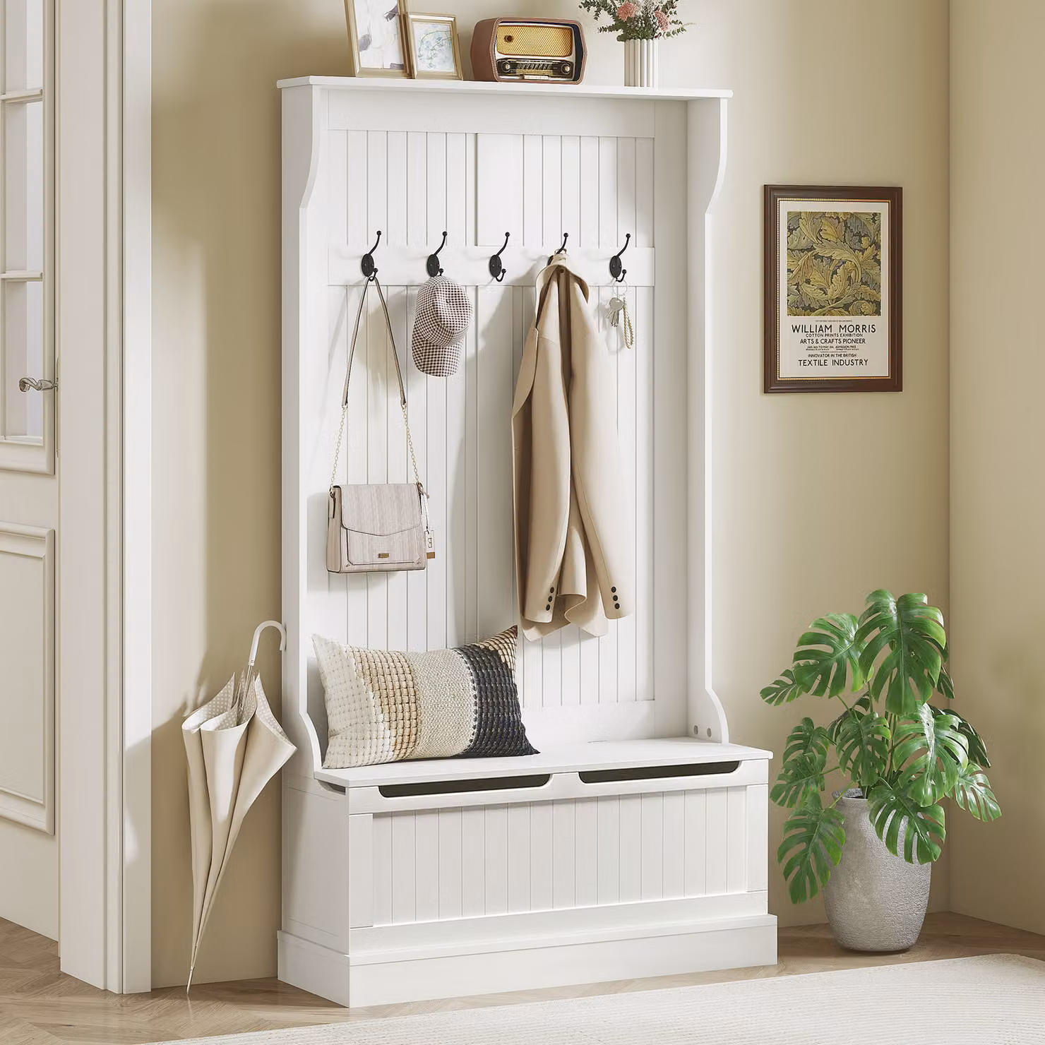 Appendiabiti da terra HOMCOM con panca porta scarpe e 5 ganci, colore crema, Altezza: 179,7 cm – 2