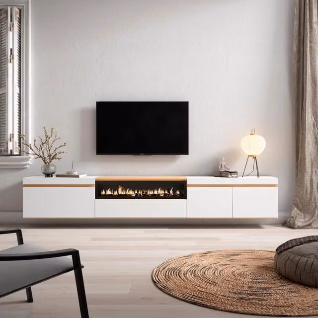 Mobile TV Soggiorno, 288x45x35 cm, TV di grande formato, Camino elettrico, Sospeso, da appendere, Bianco e Rovere soft