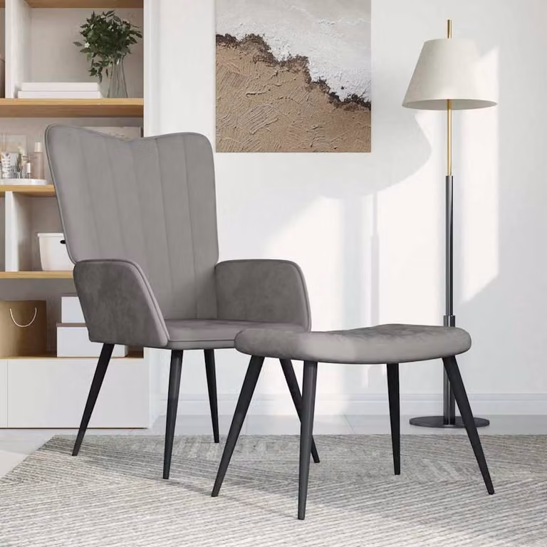 vidaXL Poltrona Relax con Sgabello Grigio Chiaro in Velluto e Struttura in Metallo