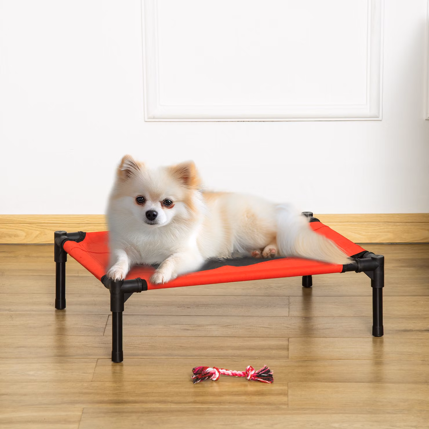 Lettino per cani PawHut in tessuto Oxford con base rialzata, rosso e nero, L 61 cm x P 46 cm x H 18 cm – 2