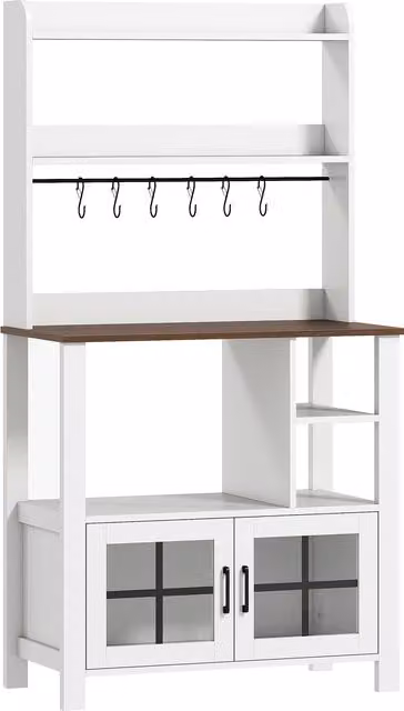 Credenza da cucina HOMCOM bianca con 2 ante in vetro, 6 ganci per tazze e ripiani aperti, L 80 x P 40 x H 152 cm