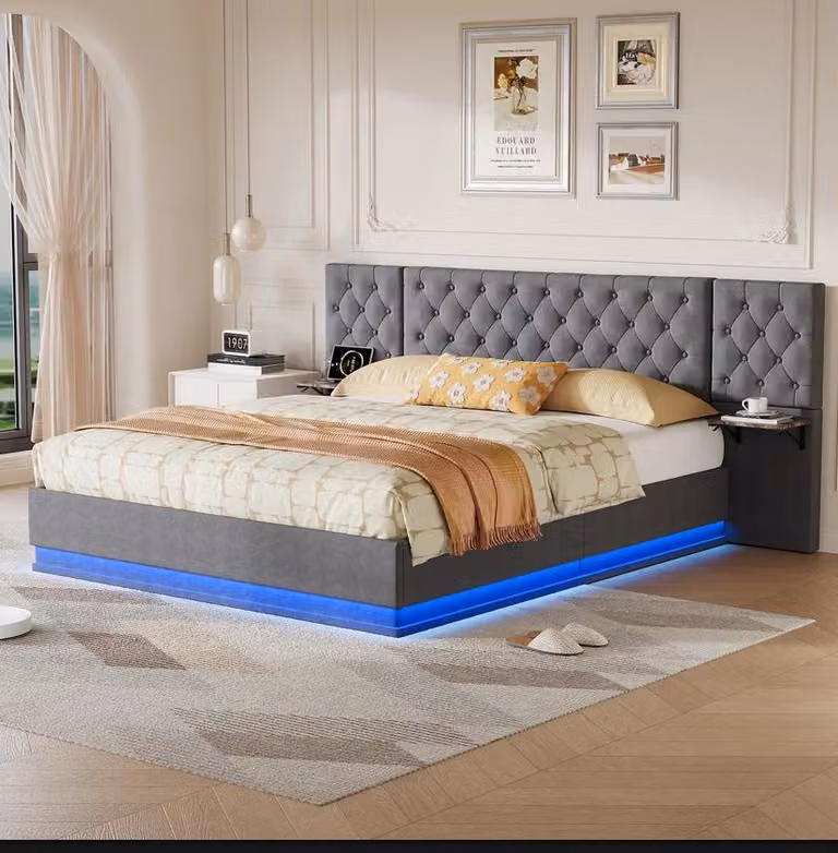 Letto imbottito - Letto matrimoniale 160 x 200 cm - Spazio contenitore con sistema idraulico - 2 vani portaoggetti nella testiera - Testiera ampia - Rivestimento in lino - Grigio