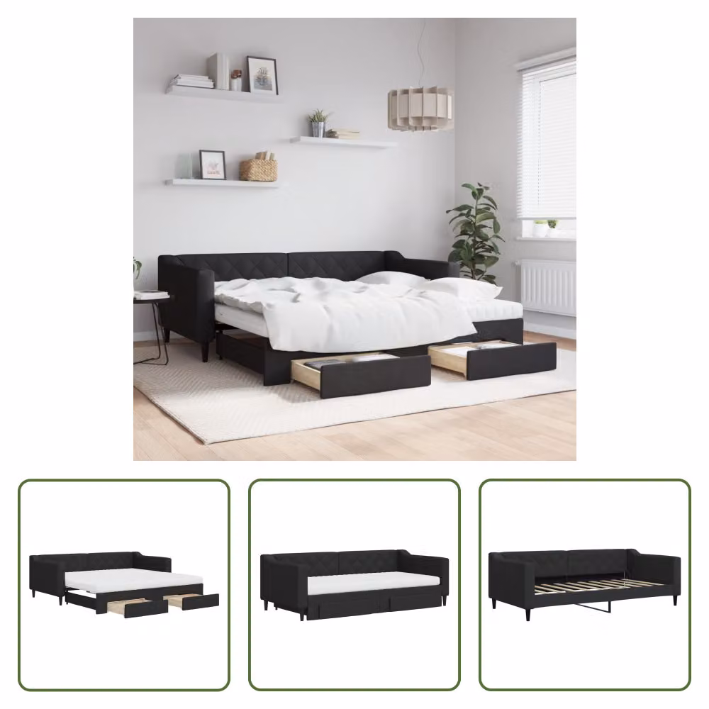 The Living Store Letto allungabile con cassetti nero 90x190 cm tessuto