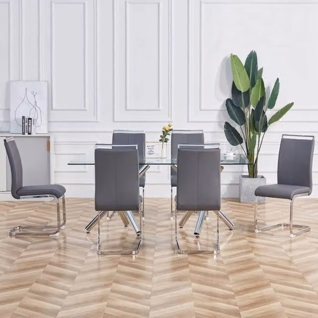 Sedia da pranzo set da 4 a slitta con schienale imbottito ergonomico in pelle PU grigia