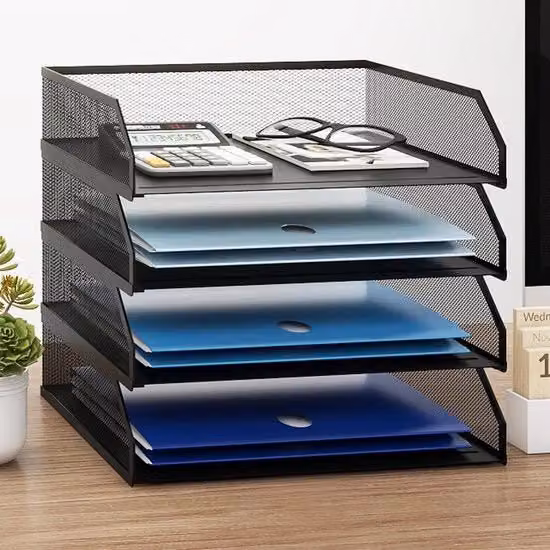 Organizzatore per documenti A4 con 4 contenitori in metallo nero per ufficio e studio