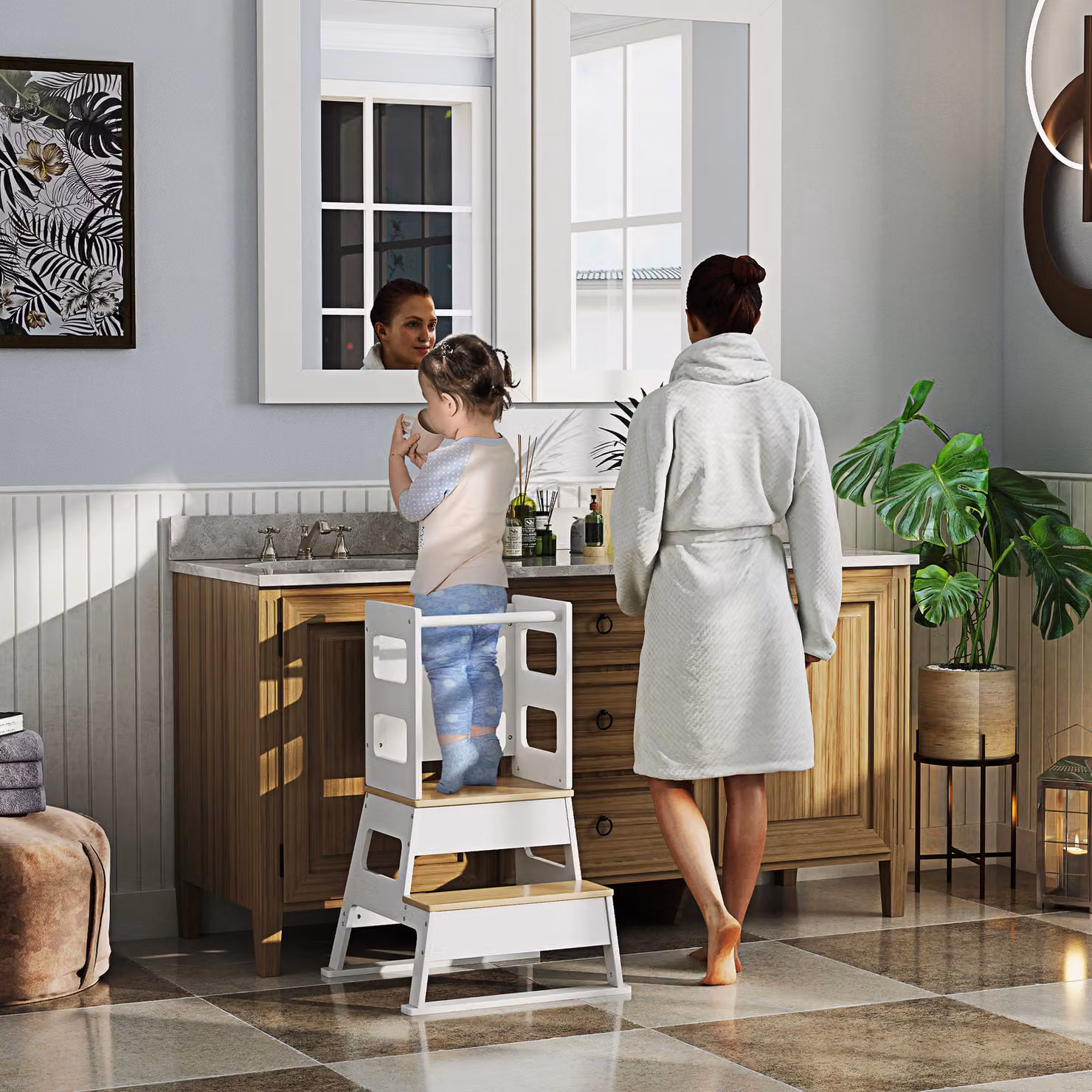 Scala Montessori AIYAPLAY per bambini con lavagna e ringhiera, struttura trapezoidale in legno, Bianco e color Legno, L: 55 cm, P: 52.5 cm, H: 87.5 cm – 2