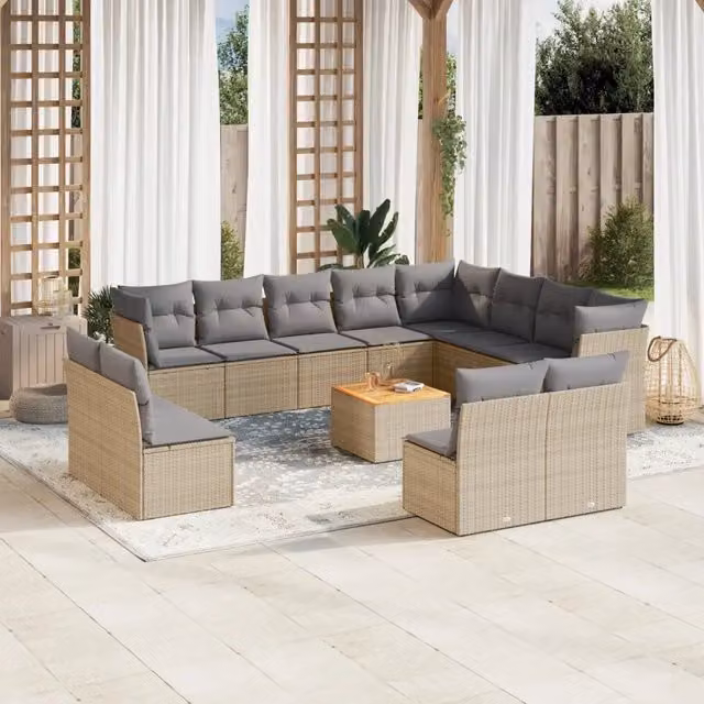 Set Divano da Giardino vidaXL a Forma a U in Polyrattan con Cuscini Beige e Grigio e Tavolino da Esterno 13 Pezzi – 1