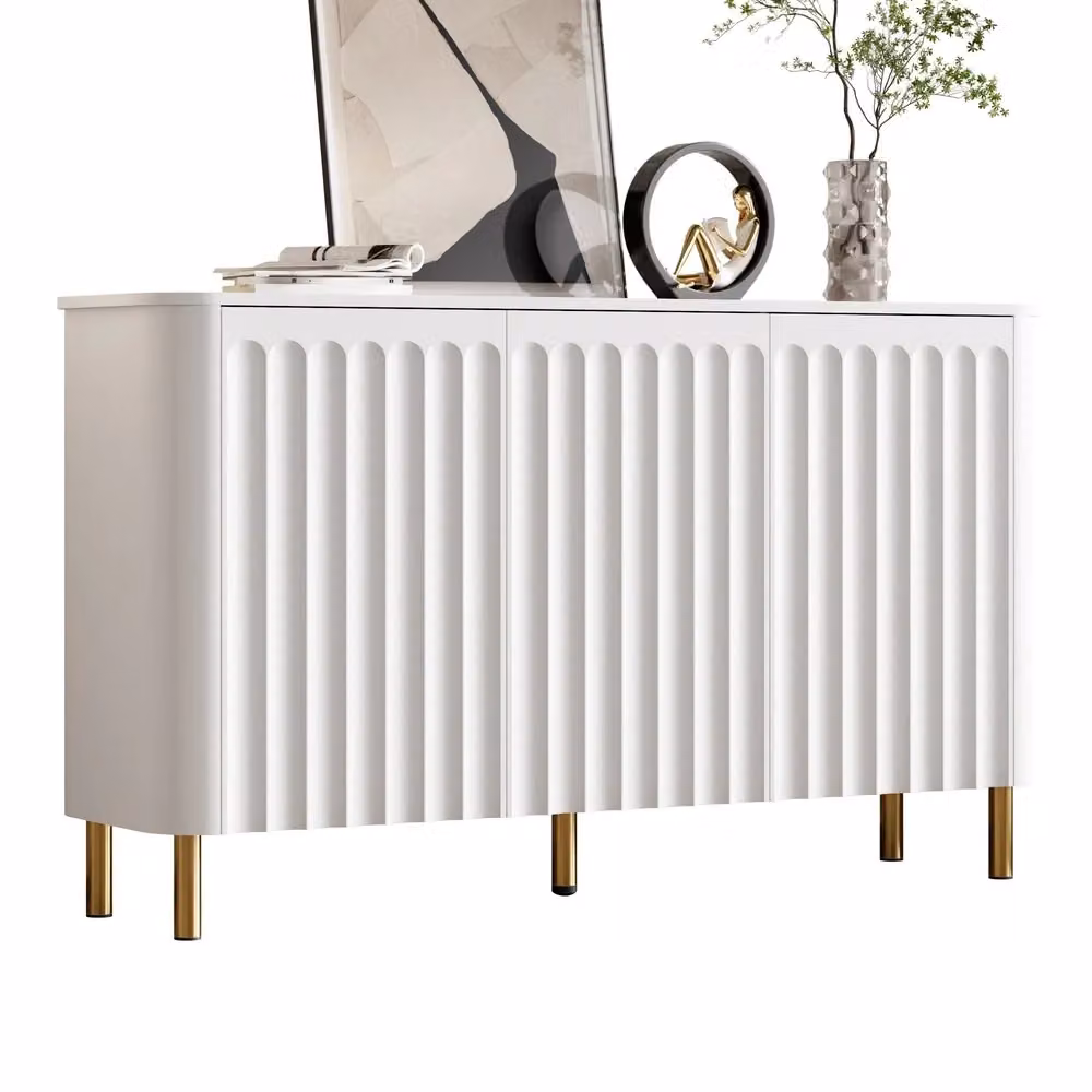Credenza Minimal a 3 ante in MDF bianco lucido con piedi in metallo per soggiorno e sala da pranzo L: 135 cm, H: 78 cm, P: 36 cm – 2