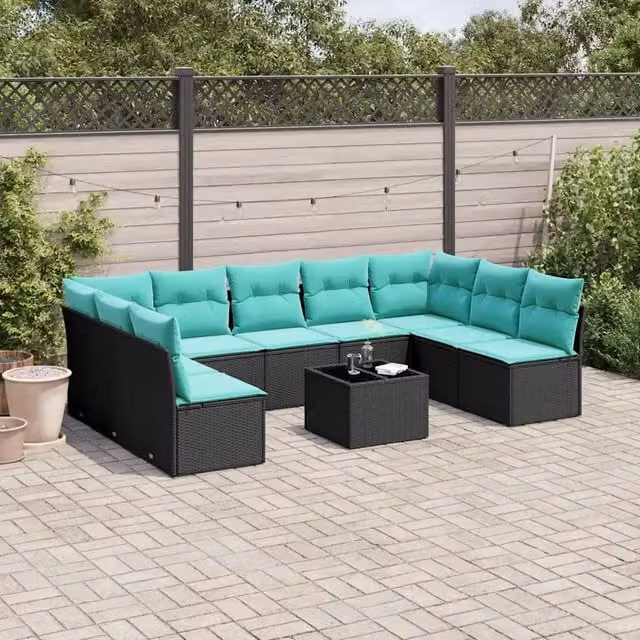 Set Divani da Giardino 10 pz con Cuscini Nero in Polyrattan 3218077