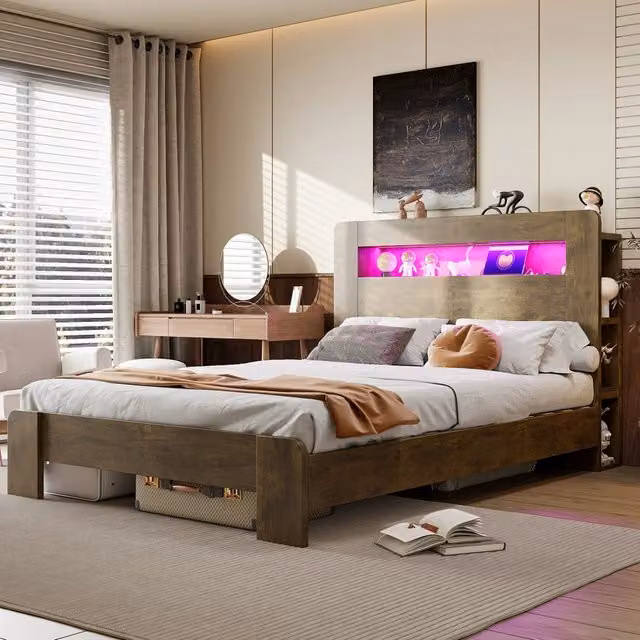 Letto matrimoniale 140 × 200 cm con vano nella testiera, LED e prese integrate, senza materasso, in legno vintage