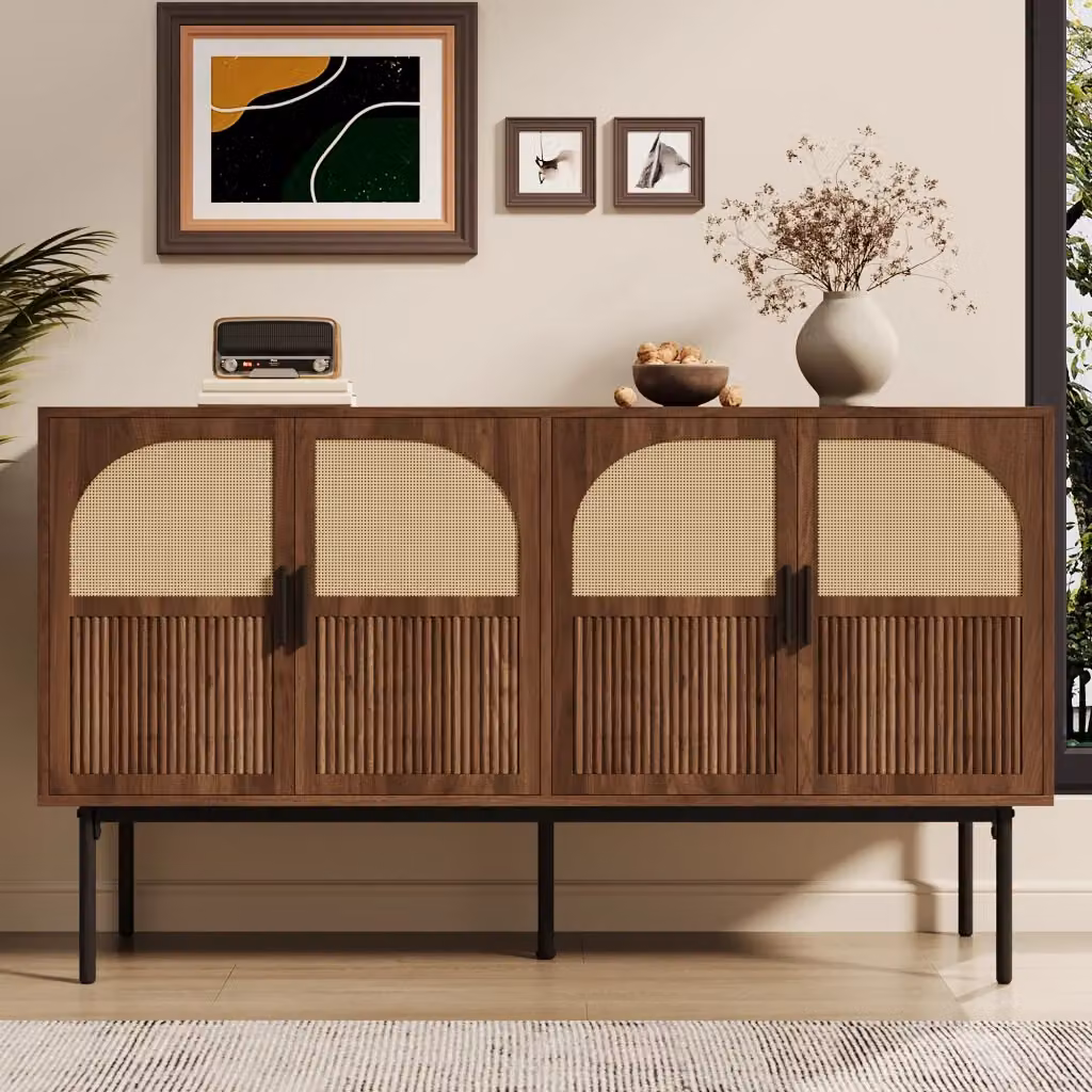 Credenza Chicfurn a 4 ante in MDF e rattan con dettagli in metallo, stile mid-century, colore marrone, L/P/H: 140 x 40 x 80 cm – 2