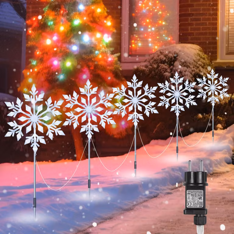 5 catene luminose a forma di fiocchi di neve, 150 LED, 30 cm, grado di protezione IP44, con timer
