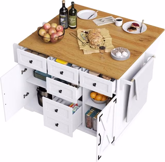 Isola cucina pieghevole con tavolo estraibile, MDF e metallo, 147 x 44 x 93 cm