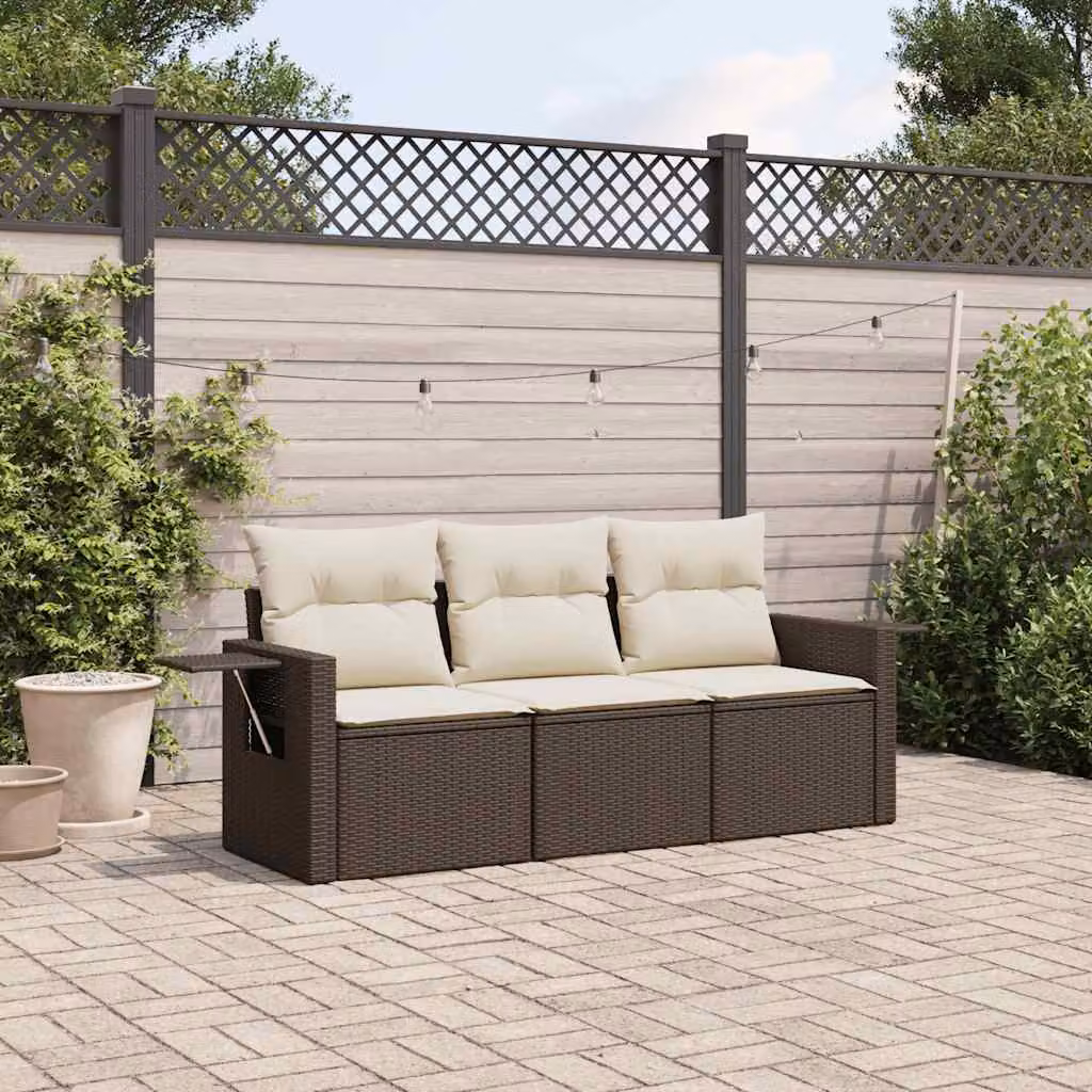 Set Divano da Giardino vidaXL 3 pz in Polyrattan Marrone con Cuscini e Tavolino – 1