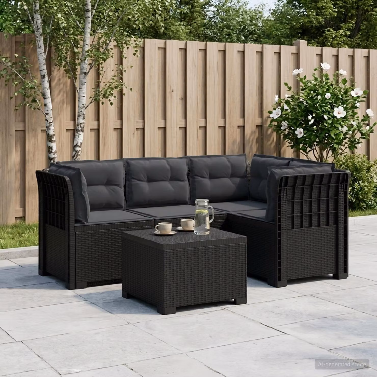 Set da giardino vidaXL moderno a forma di L con divano angolare, tavolino e cuscini in polyrattan colore antracite e nero