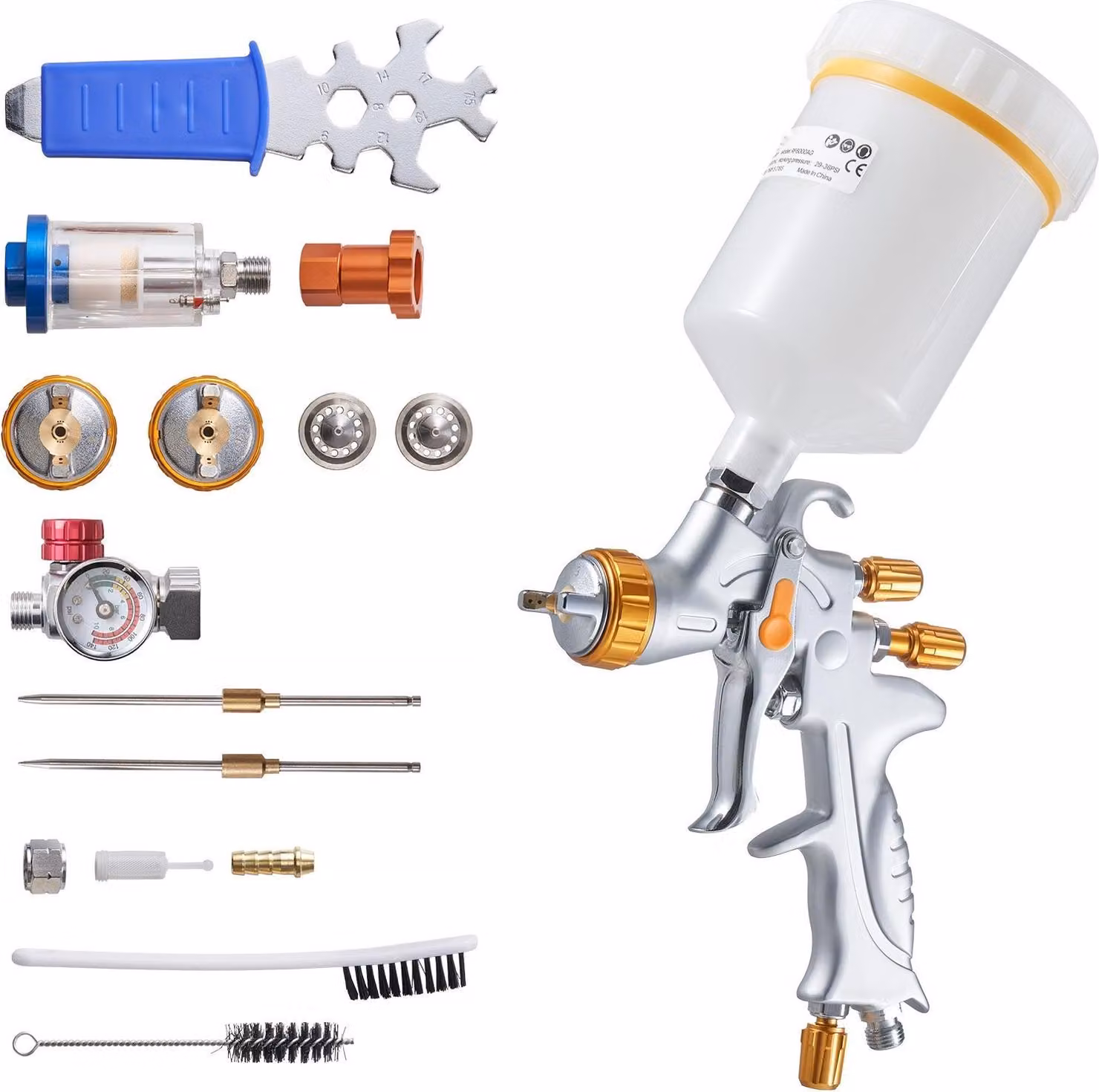 Pistola a spruzzo HVLP - Pistola a spruzzo con alimentazione a gravità - 3 ugelli da 1,3/1,4/1,7 mm - Tazza da 600 ml - Regolatore d'aria - Per primer auto, vernice trasparente e vernice di finitura