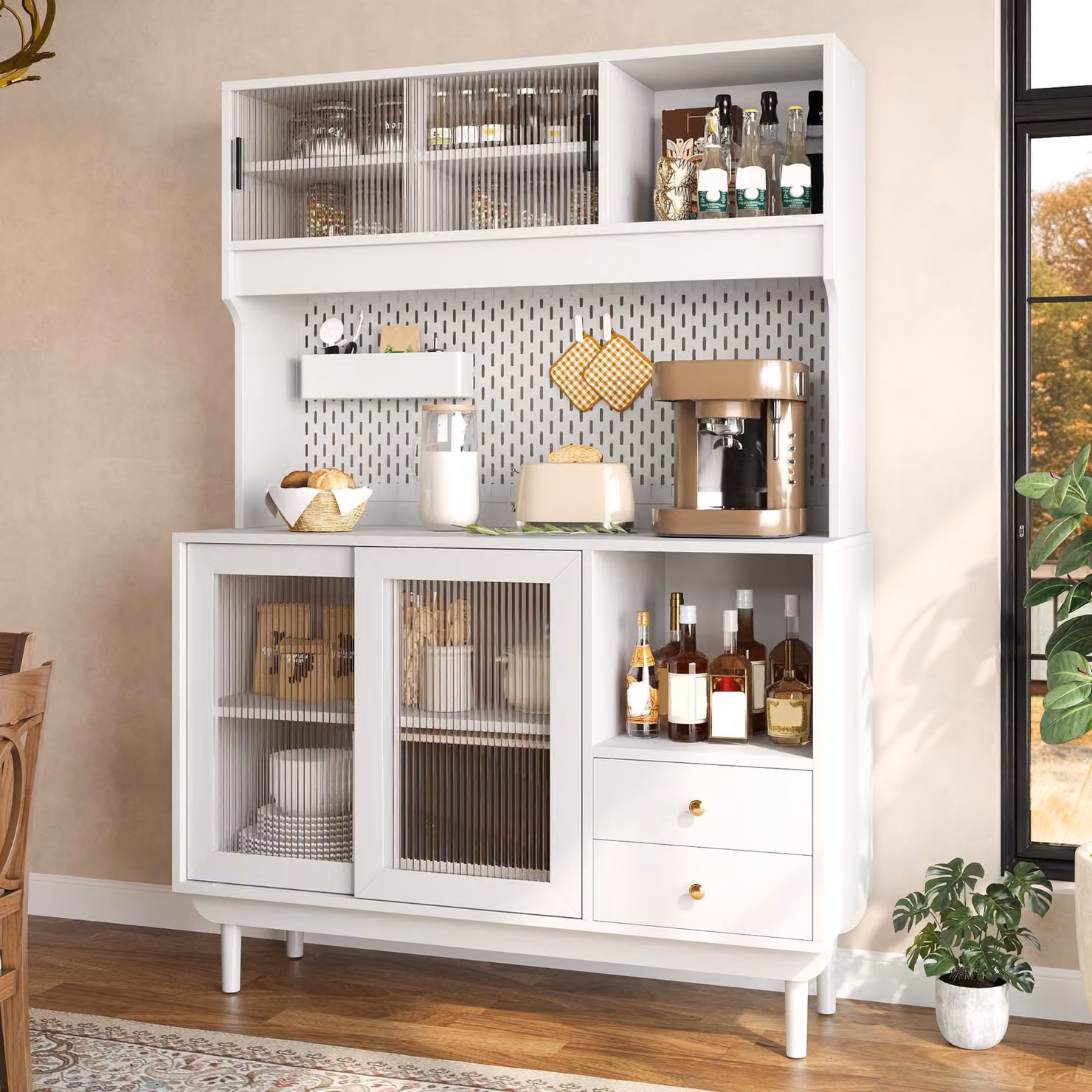 Armadietti da cucina Flieks con ante scorrevoli in vetro smerigliato, gambe in legno di pino, cassetti e ripiani aperti, mobile contenitore alto da 117x30x170 cm, colore bianco
