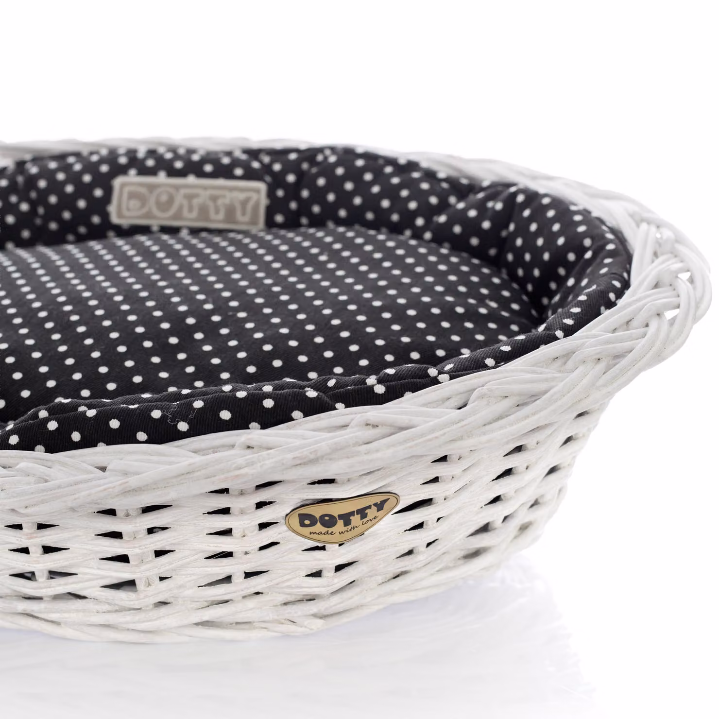 Cesto in vimini bianco sbiancato per cani Cesto Wiki con cuccia in cotone - Nero a pois bianchi - DOTTY