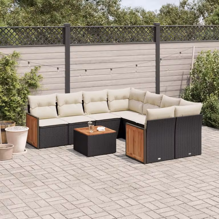 vidaXL Set Divani da Giardino a L in Polyrattan Nero con Cuscini e Tavolino da Esterno