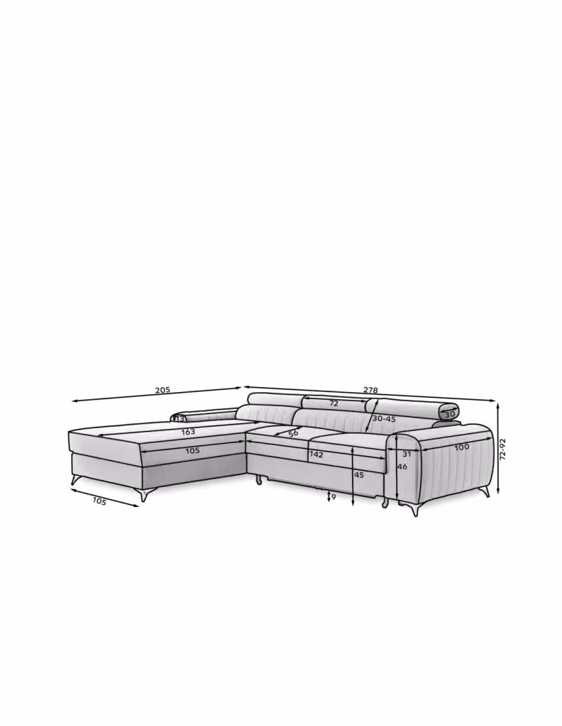 Divano ad angolo sinistro JAYSON MEUBLORAMA beige, modello moderno con funzione letto, poggiatesta regolabile e seduta con contenitore, L: 278 cm x P: 205 cm x H: 160 cm – 2