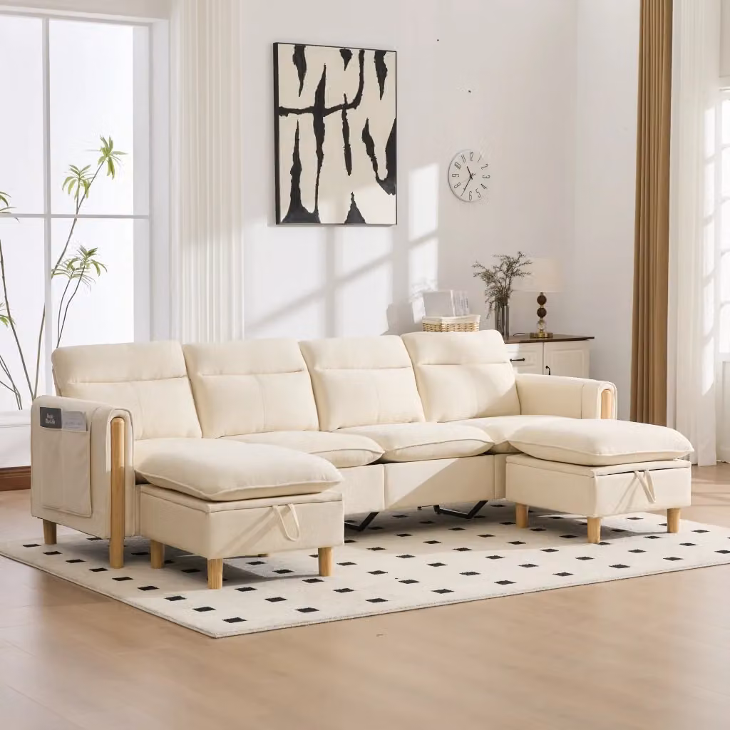 Divano panoramico modulare Mivray a 4 posti con 2 pouf contenitore in tessuto beige e gambe in legno L: 261 cm, P: 86 cm, H: 77 cm