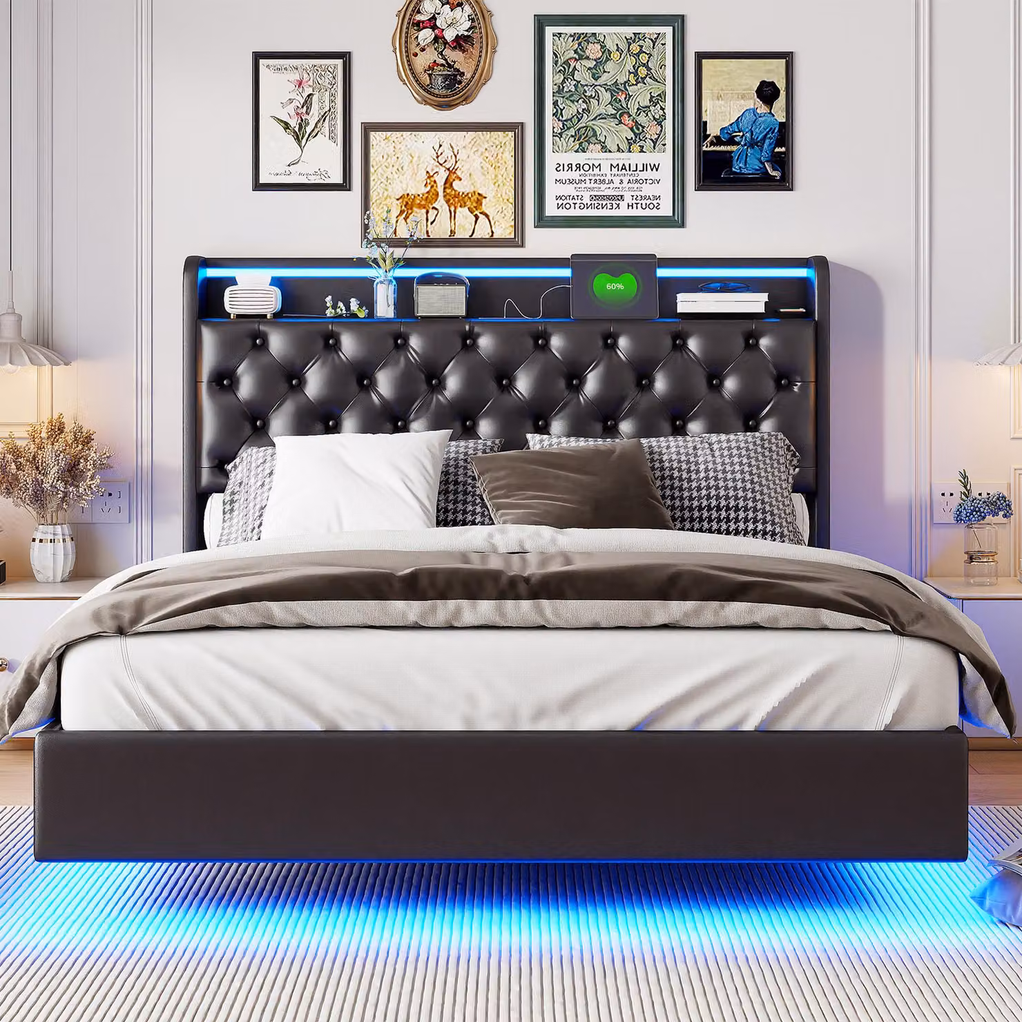 Letto matrimoniale Moonbite 140x200 cm, rivestito in ecopelle nera, con illuminazione LED intelligente – USB di tipo C, controllabile tramite app