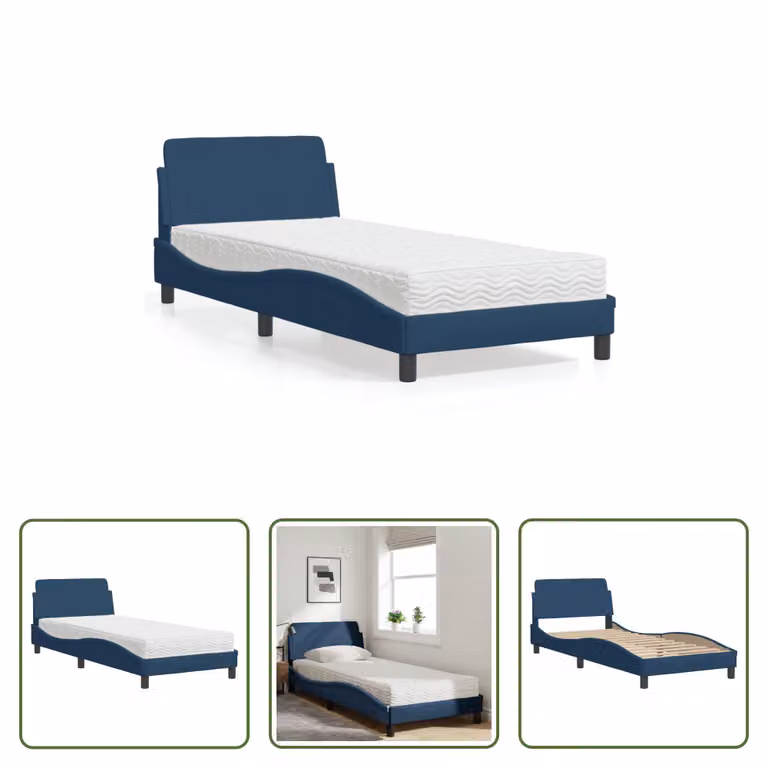 The Living Store Letto con materasso blu 90x190 cm in tessuto