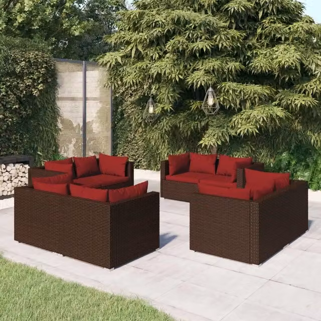 Set di divani da giardino a L vidaXL composto da 8 pezzi con cuscini in rattan marrone e rosso e struttura in metallo