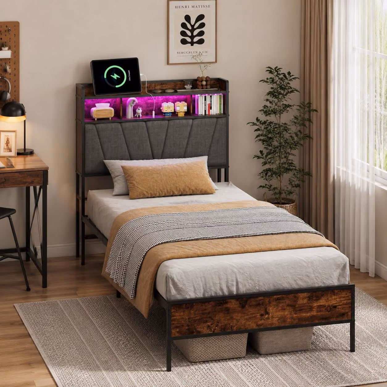Letto matrimoniale in metallo INONEFT, 90x200 cm, con testiera e spazio contenitore, letto imbottito con illuminazione LED e funzione di ricarica USB, struttura del letto con rete a doghe, colore grigio