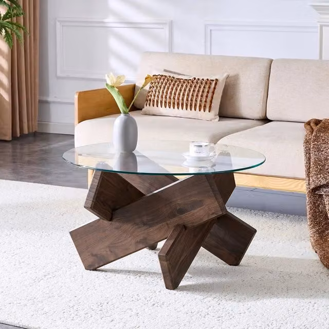 Tavolino da caffè rotondo MINIMAL con vetro temperato trasparente e legno noce, Diametro: 79 cm