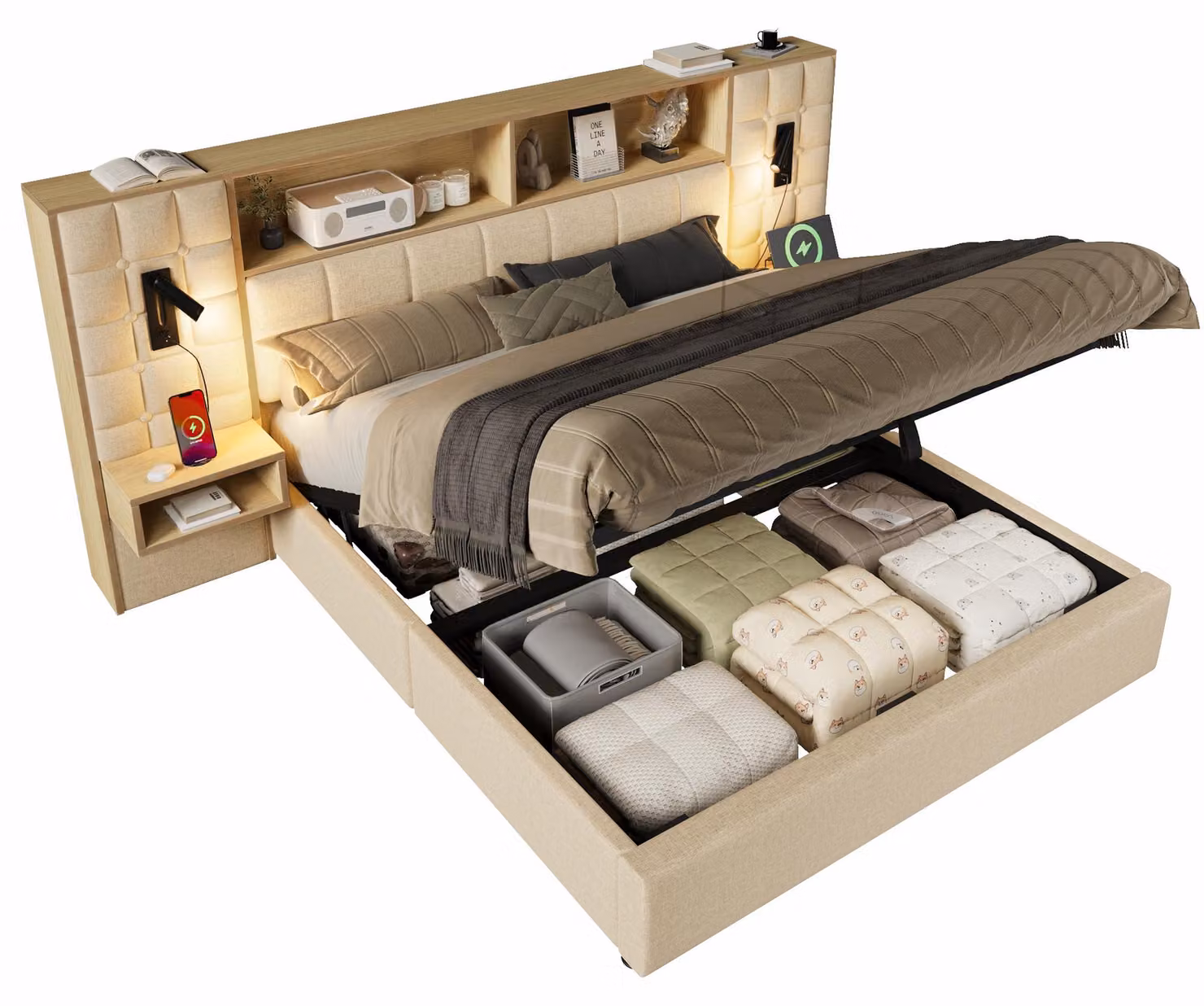 Letto imbottito 160x200 con spazio contenitore, struttura letto beige, illuminazione LED e 2 lampade da lettura, 2 comodini integrati, porta di ricarica USB Type-C, rivestito in lino, include rete a doghe, senza materasso, colore beige