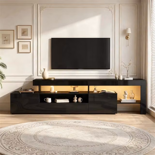 Mobile TV Minimal con illuminazione LED integrata in nero lucido per schermi fino a 85 pollici L: 192 cm, P: 37 cm, H: 53 cm – 1