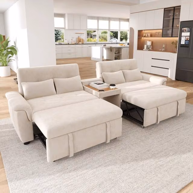 Divano letto a U REDOM in tessuto beige con cassetto estraibile e poggiatesta regolabile L: 284 cm, P: 138 cm, H: 89 cm