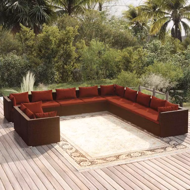Set di divani da giardino vidaXL 11 pz in rattan marrone con cuscini rimovibili e struttura in metallo