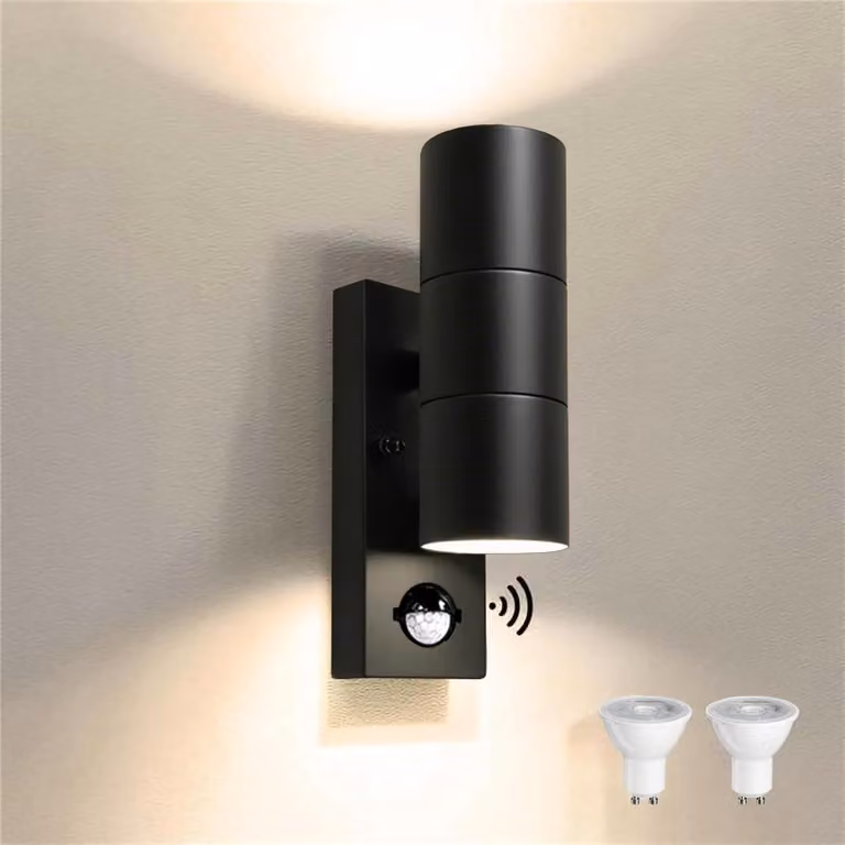 Lampada da esterno in acciaio inossidabile con sensore di movimento, colore nero, grado di protezione IP54, 2x5W, attacco GU10